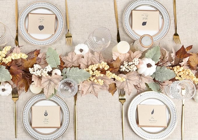 DearHouse Fall Garland Maple Leaf, 5.9Ft Hanging Vine Garland White with Pumpkins and Berries Thanksgiving Decor for Home Wedding Fireplace Party Christmas (White&Brown)
