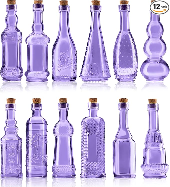 Small Mini Purple Vintage Glass Bottles with Corks, Mini Vases, Decorative Glass Bottle, Potion Bottles, Assorted Design Set of 12 pcs, 4.6 Inch Tall (11.43cm), 1.4 Inch Wide (3.56cm)