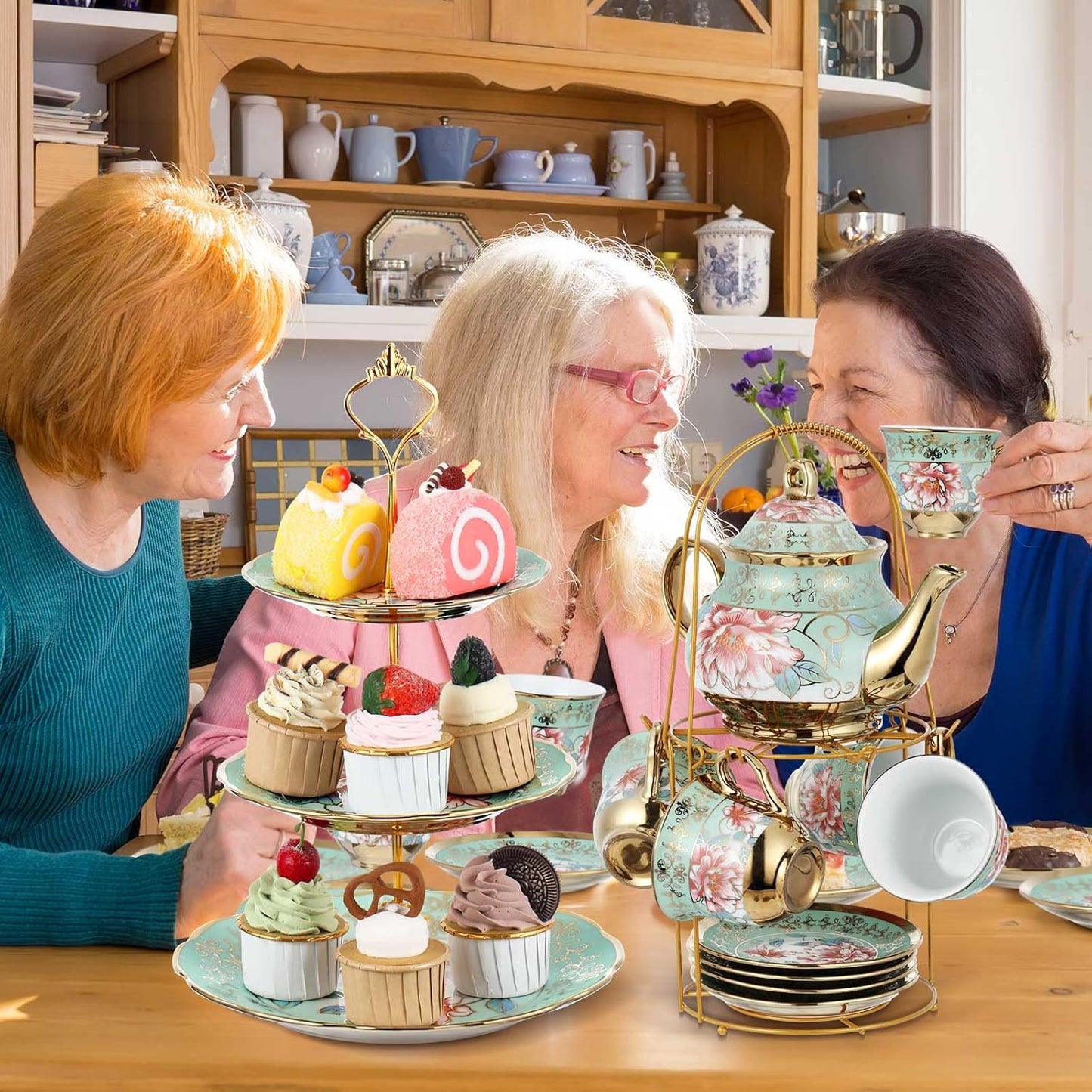 Maxcheck 21 Pcs Tea Party Set for Adults European Floral Tea Set with Metal Holder and 3 Tier Ceramic Cake Stand Porcelain Flower Cup Teapot for Dessert Cupcake(Fresh Style)