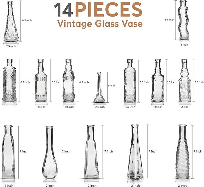 Small Vintage Glass Bottles with Corks, Mini Vases, Decorative Glass Bottle, Potion Bottles, Assorted Design - Set of 14 assorted design 5oz 6.5-7 inch tall 1.8-2.inch wide.