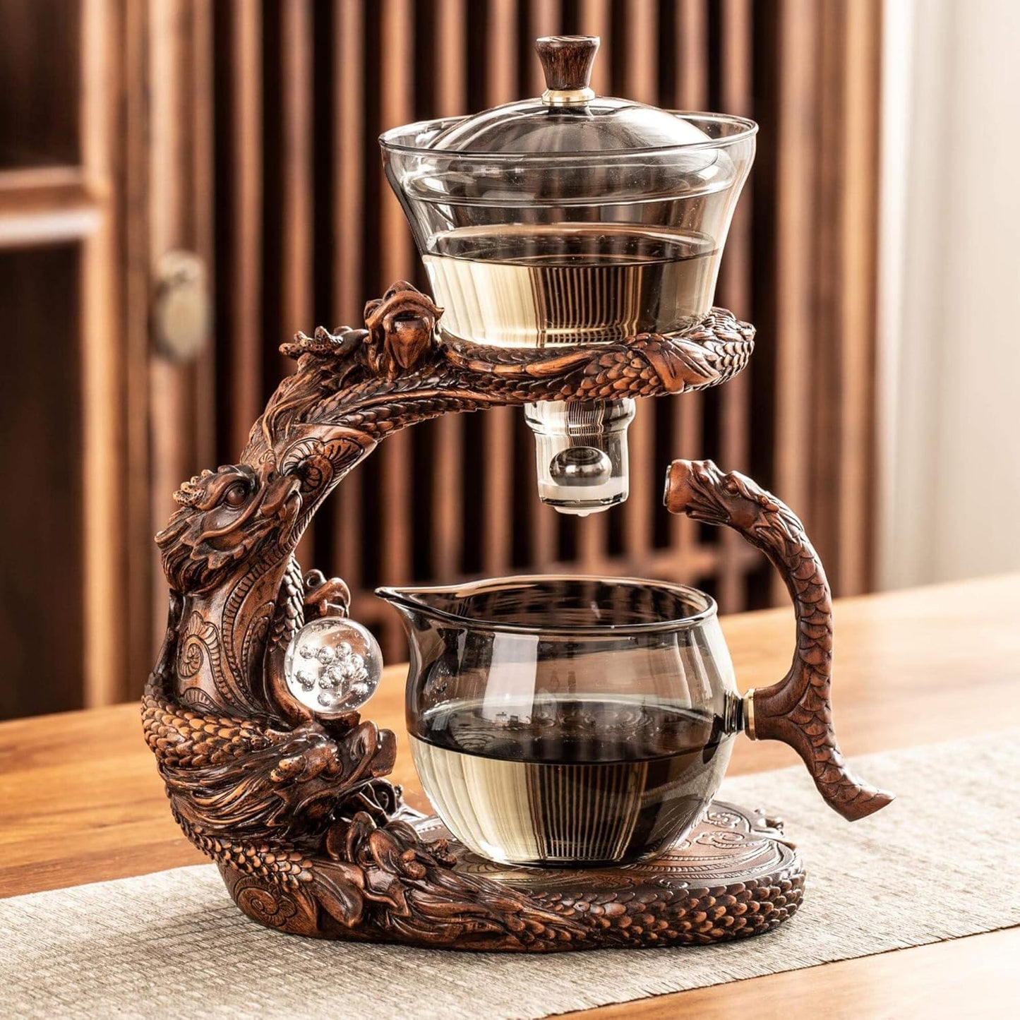 Glass Teapot Set with Infuser Semi Automatic Dragon Tea Set (Walnut teapot)