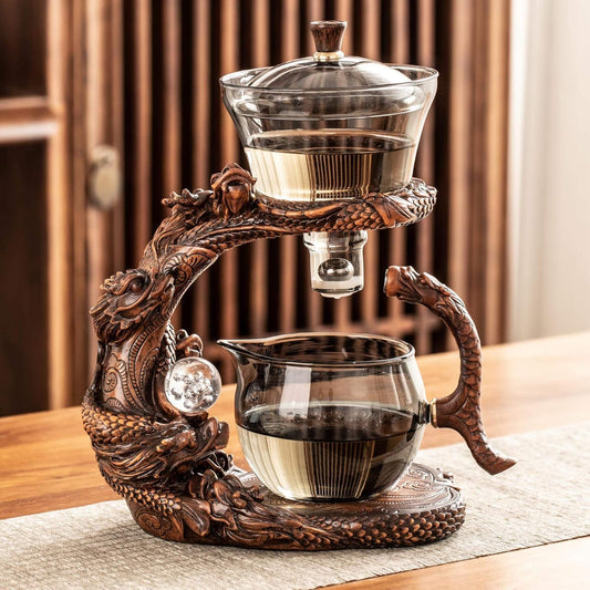 Glass Teapot Set with Infuser Semi Automatic Dragon Tea Set (Walnut teapot)