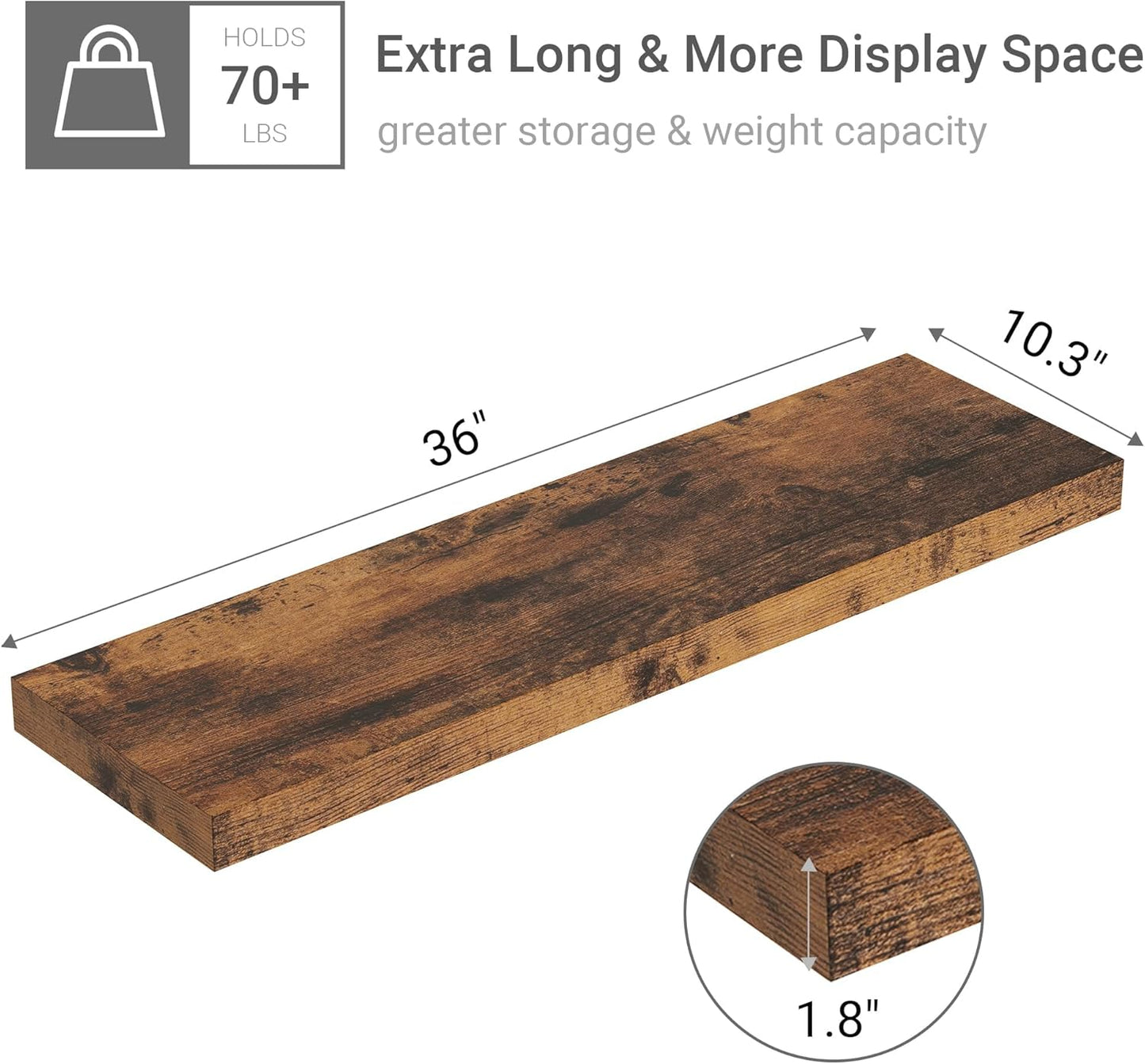 Vivelove 10 inches Deep Floating Shelves 36 inch Long, Sing Shelves for Wall Heavy Duty for Bedroom, Bathroom, Living Room, Kitchen, Office, Farmhouse Shelf Home Decor, Set of 1, Rustic Brown