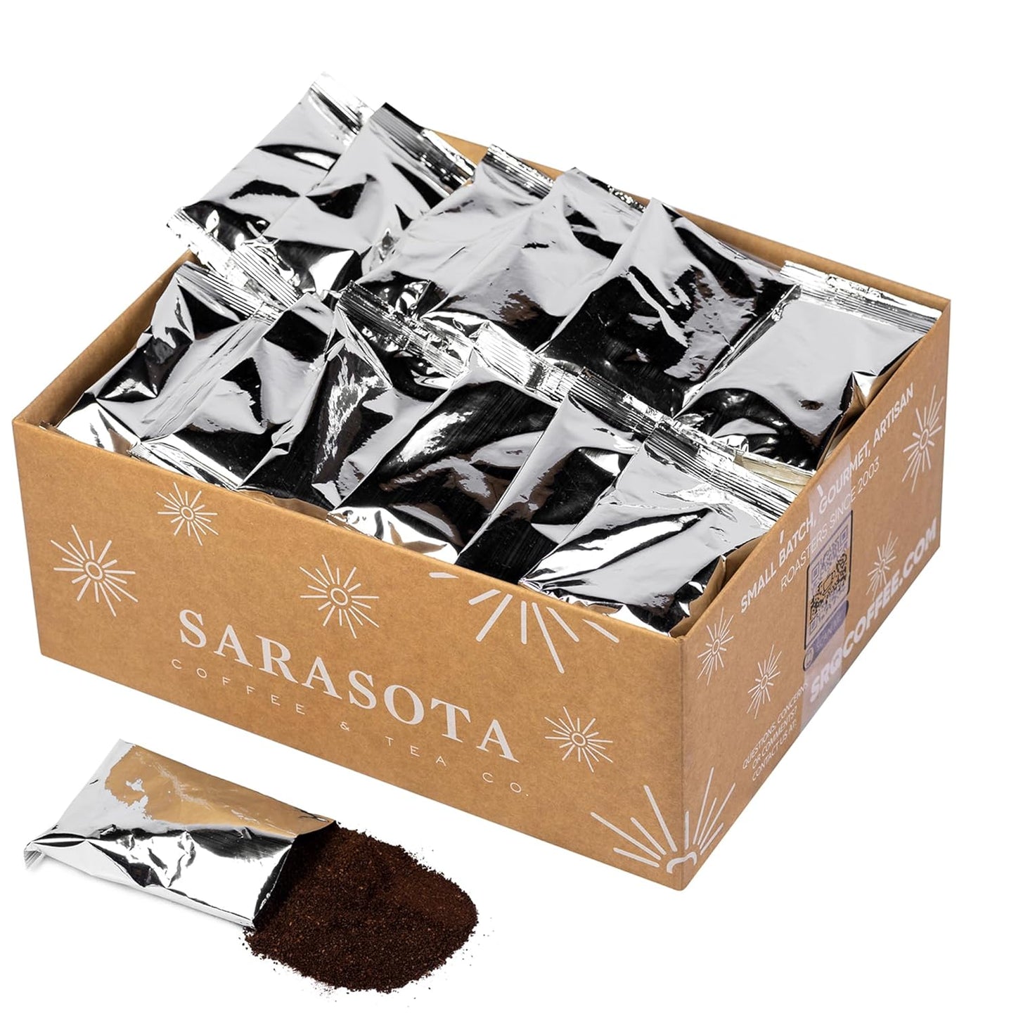 Sarasota Coffee Ground Packets | Gourmet Flavored Medium Roast Bulk Coffee Packs | Christmas Holiday | Low Acid Mold Free Singles Individual Pouches for 12 Cup Coffee Maker | 2 Ounce Bags, 36 Count