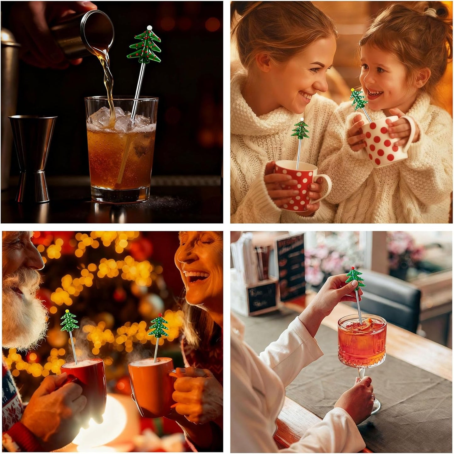 4Pcs Christmas Cocktail Stirrers Stainless Steel Creative Xmas Tree Coffee Stirrers Reusable Beverage Stir Sticks for Holiday Drinks Mixing Christmas Party Tableware Decorations