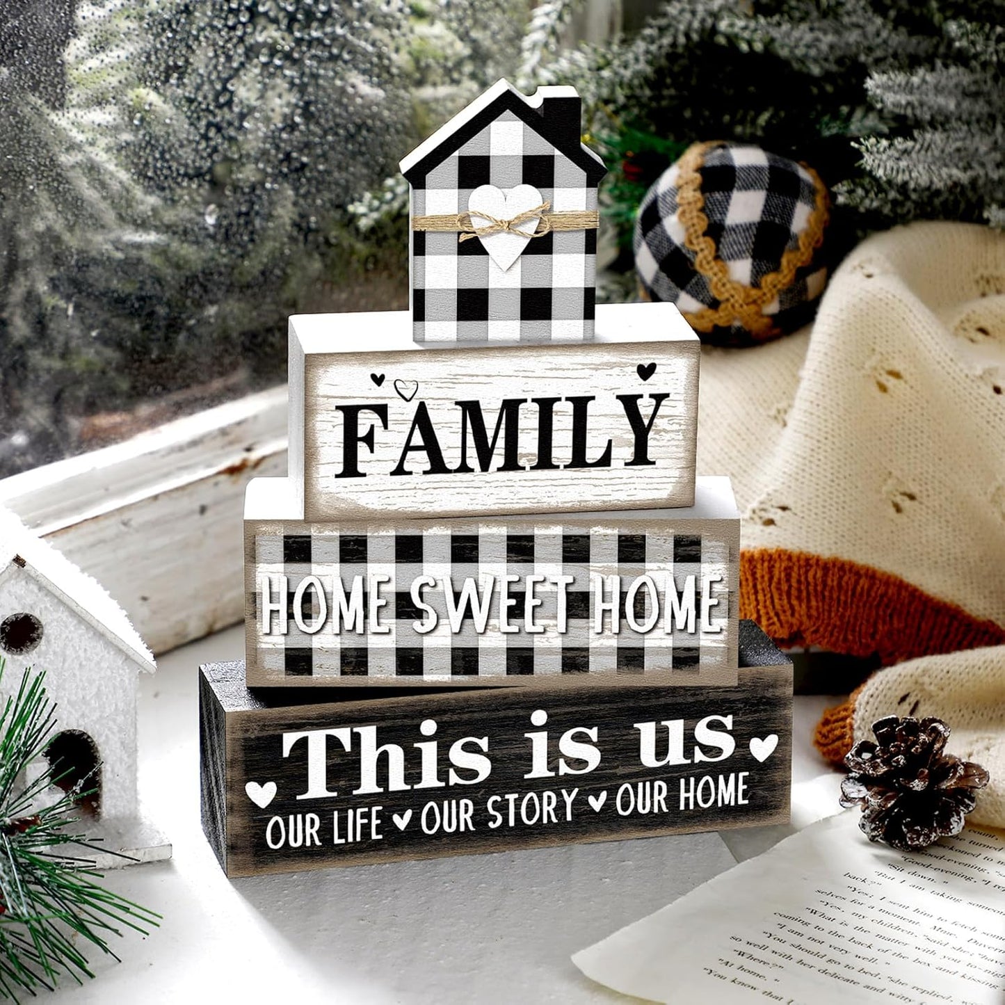 Farmhouse Wooden Tabletop Decor Rustic Home Sweet Home Table Centerpieces This Is Us Block Sign Black and White Buffalo Plaid Table Decor for Kitchen Shelf Desk Mantel Tiered Tray Decoration
