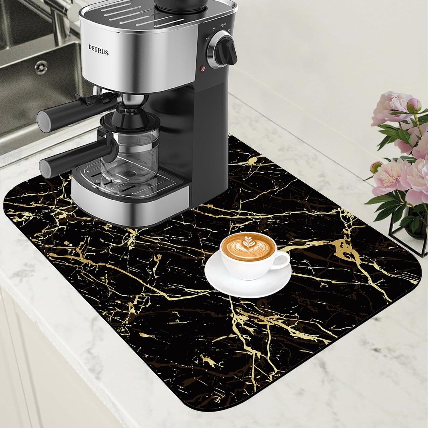 Dish Drying Mat Black and Gold Marble Coffee Bar Mat for Countertop Absorbent Rubber Backed Hide Stain Dish Drainer Rack Pad Coffee Maker Espresso Machine Dining Room Decoration 11.8 x 19.7 Inch