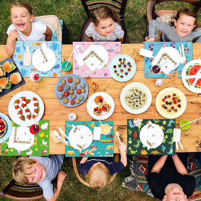 Unicorn Mermaid Kids Placemats Set of 6 Transport Dinosaur Plastic Table Mats Toddler Children Farm Ocean Animal Place Mats Washable Table Decoration for Indoor Outdoor Party Kitchen Dining