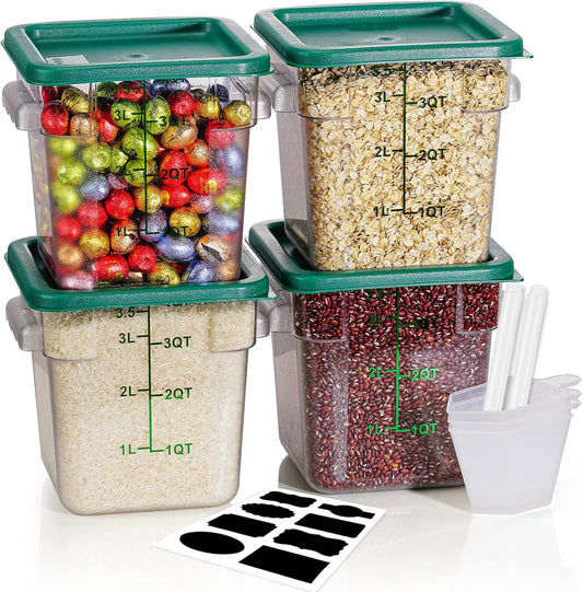 4QT NSF Food Storage Containers with Lids: 4 PCS [Total Food Grade][Hot&Cold Resistant] Commercial Clear Food Storage Containers for Restaurant Kitchen Proof Dough, Measuring Spoons Included(Green)