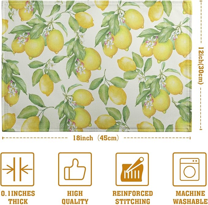 Lemon Placemats Set of 4 Summer Yellow Fruit Green Leaf Floral Linen Table Mat Rustic Farmhouse Spring Heat Resistant Non Slip Washable Place Mats for Dining Kitchen Party Decor