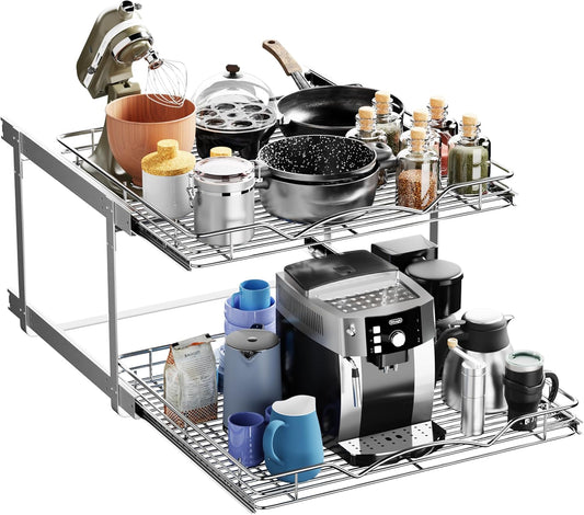 HOLDN’ STORAGE Two Tier Pull Out Cabinet Organizer, Individual Sliding Drawers - Heavy Duty Metal with Lifetime Limited Warranty - Anti Rust Chrome Finish - 24" W x 21”D x 16.5" H