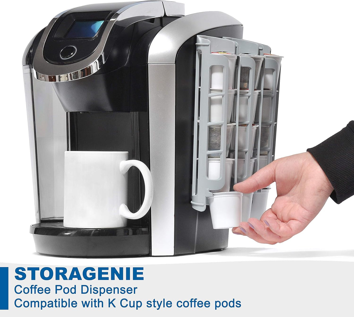 STORAGENIE Coffee Pod Holder Side Mount K Cup Pods Dispenser compatible with Keurig Coffee Makers, Perfect for Small Counters