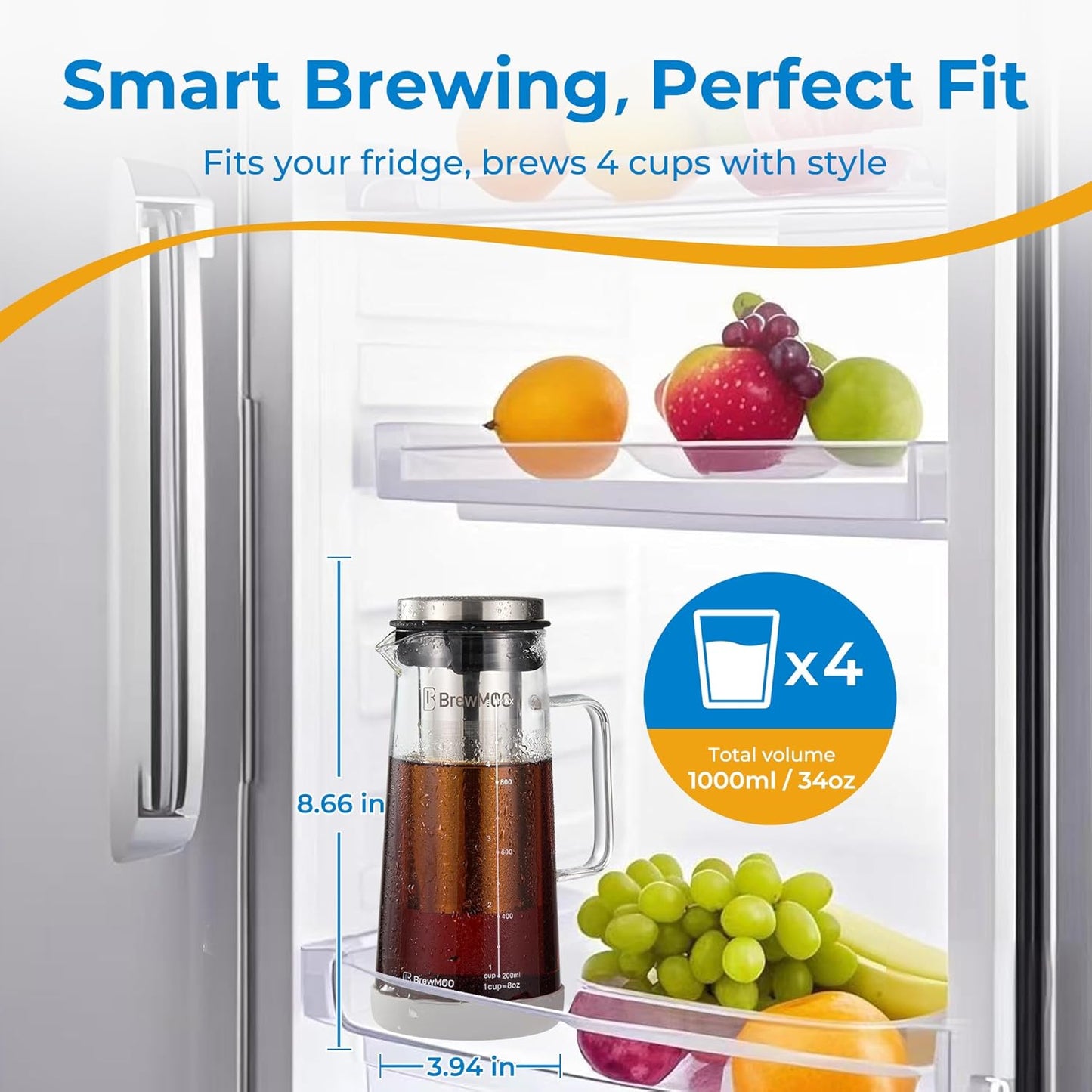 BrewMOO- Airtight Cold Brew Coffee Maker Pitcher, 1.0L/34Oz Thick Glass Carafe with Filter, Comfort Sturdy Handle & Wide Spout, Non-Slip Base | Iced Tea Maker (Grey)