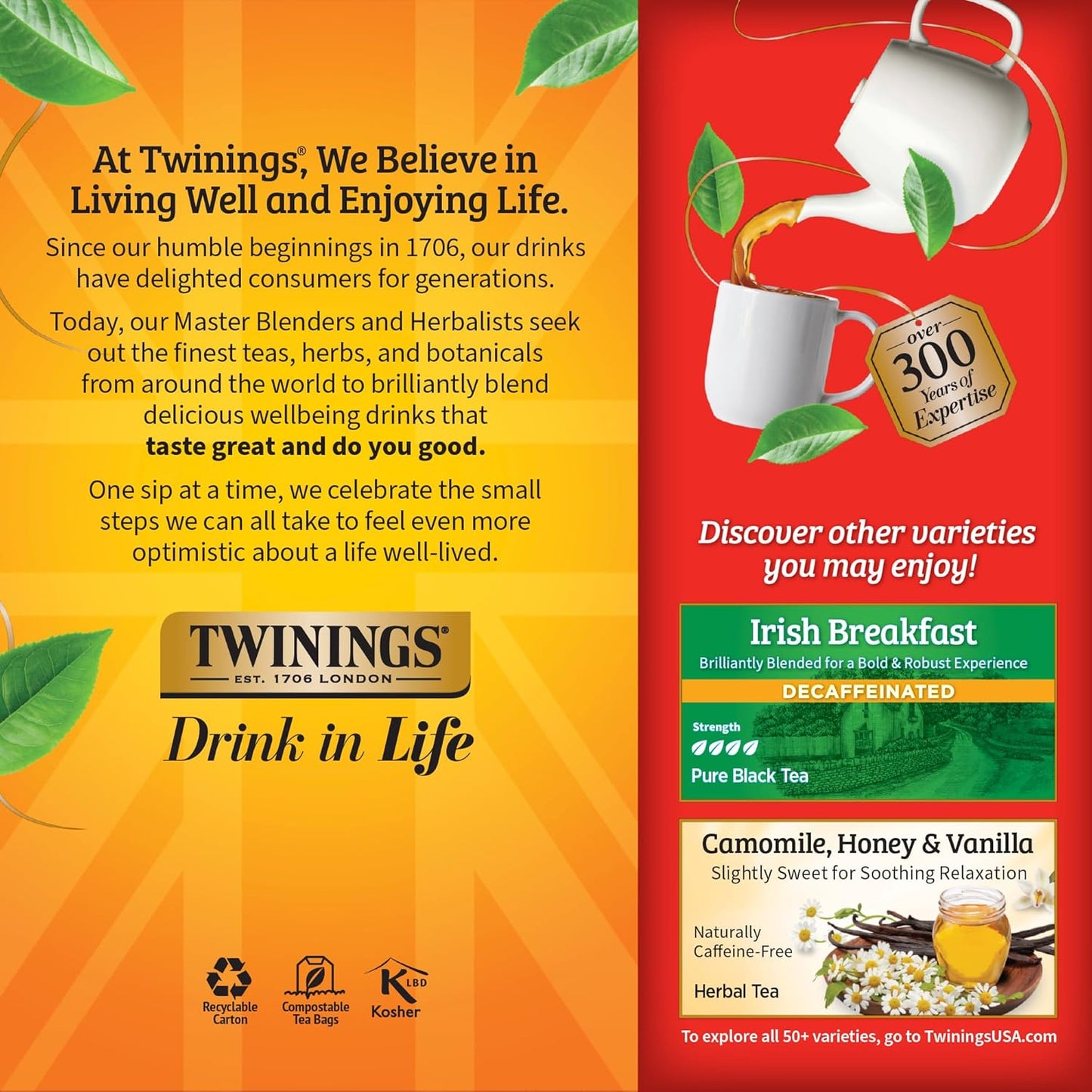 Twinings Decaffeinated English Breakfast Black Tea Individually Wrapped Bags, 25 Count (Pack of 6), Flavourful, Robust, Enjoy Hot or Iced, 150 Teabags