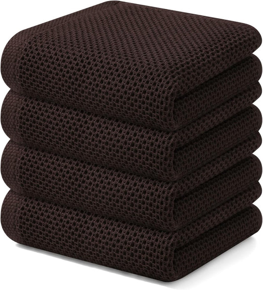 Kitinjoy 100% Cotton Waffle Weave Kitchen Towels, 4-Pack Super Soft and Absorbent Dish Towels for Drying Dishes, Kitchen Hand Towels, 13 in x 28 in, Dark Brown
