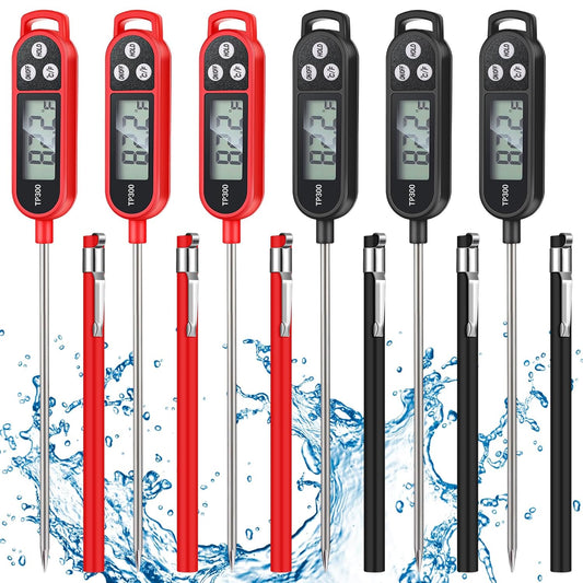 6 Pcs Meat Food Thermometer Food with Probe Water Liquid Instant Read Digital Thermometer Kitchen Cooking Supplies for Cooking BBQ Milk Yogurt (Red,Black)