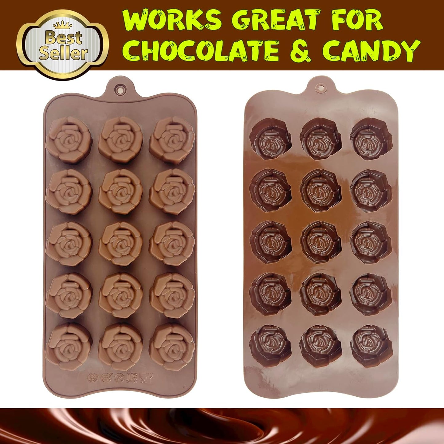 Rose Flower Shaped Silicone Chocolate Molds，BPA Free & Non-stick Silicone Tray for Hard Candy Caramels Jello Gummy Truffles Ice Cubes Soap - 4 Pack