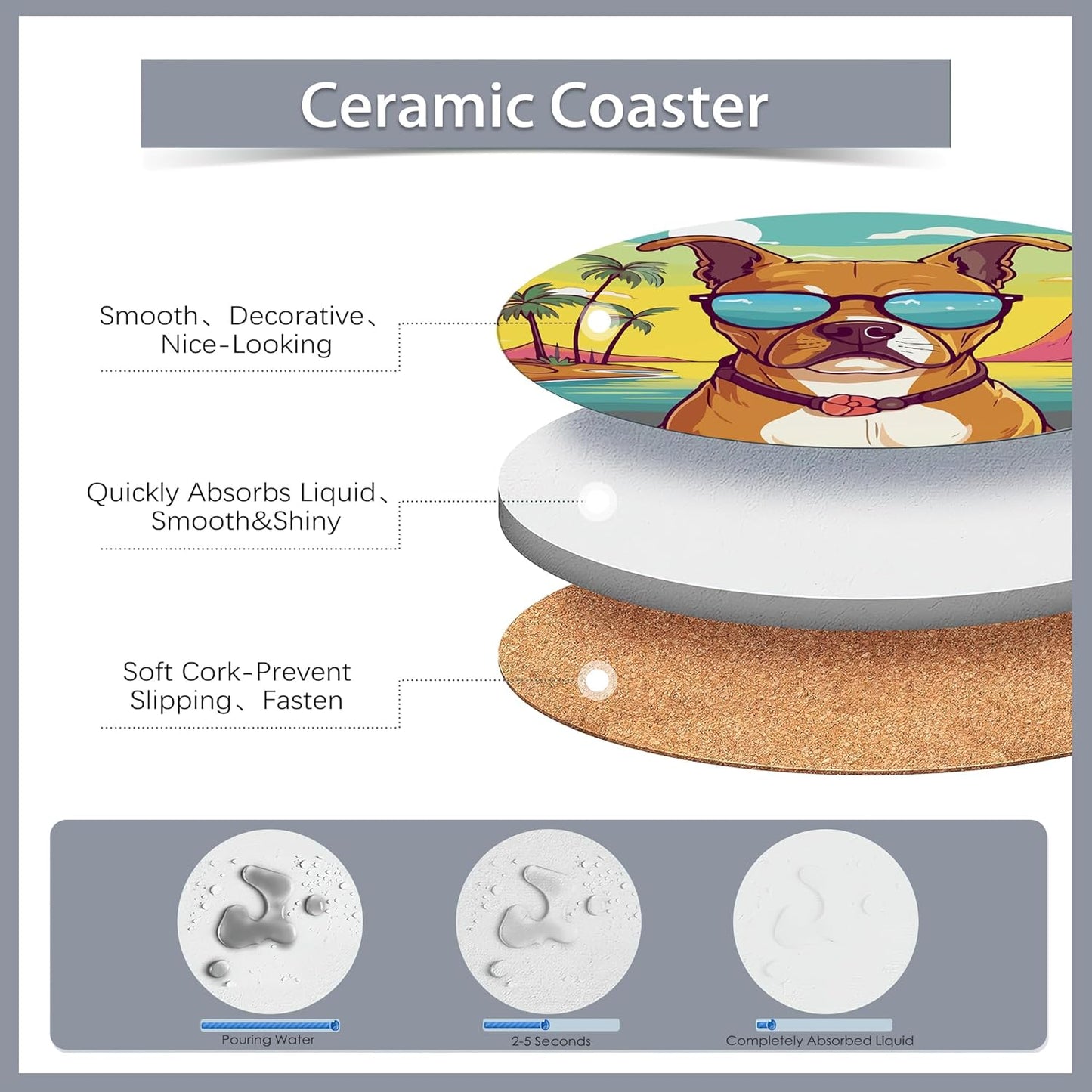 Drink Coasters Set of 6 with Holder,Cute Dachshund Husky Dog Absorbent Ceramic Coasters with Cork Base,Fit All Cups,Tabletop Protection Mat for Mugs and Cups,Office,Kitchen