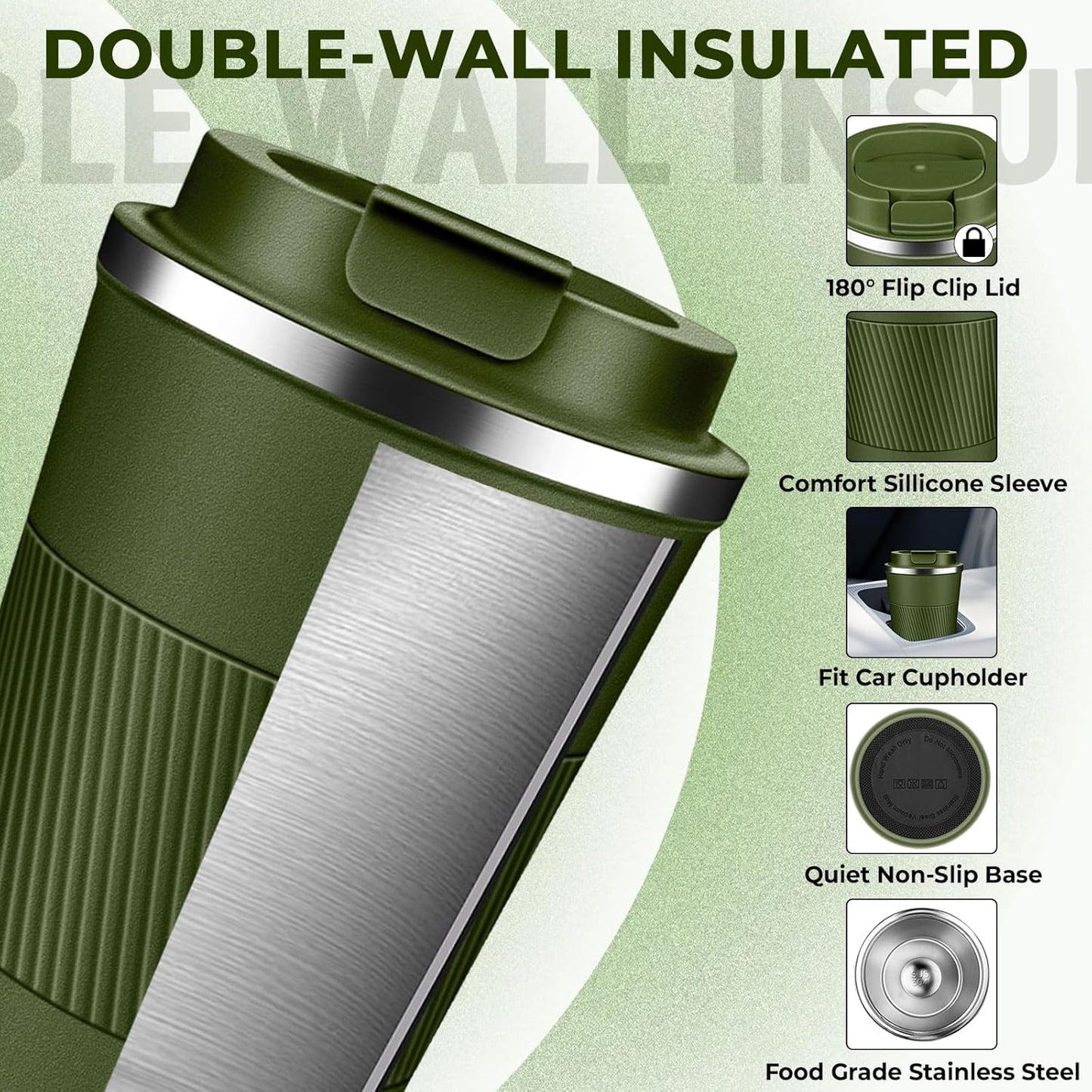 Insulated Coffee Tumbler 17 oz, Stainless Steel Coffee Mug with Lids, Travel Coffee Mug Leak Proof, Double Wall Vacuum Insulated Reusable Coffee Cup, Keep Drinks Hot and Cold, Military Green, 17 Ounce