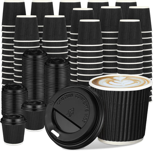 Uiifan 100 Set 4oz Disposable Espresso Cups with Lids Ripple Corrugated Paper Disposable Coffee Insulated Hot Ripple Cups for hot Chocolate, Tea, and Cocoa Drinks(Black)