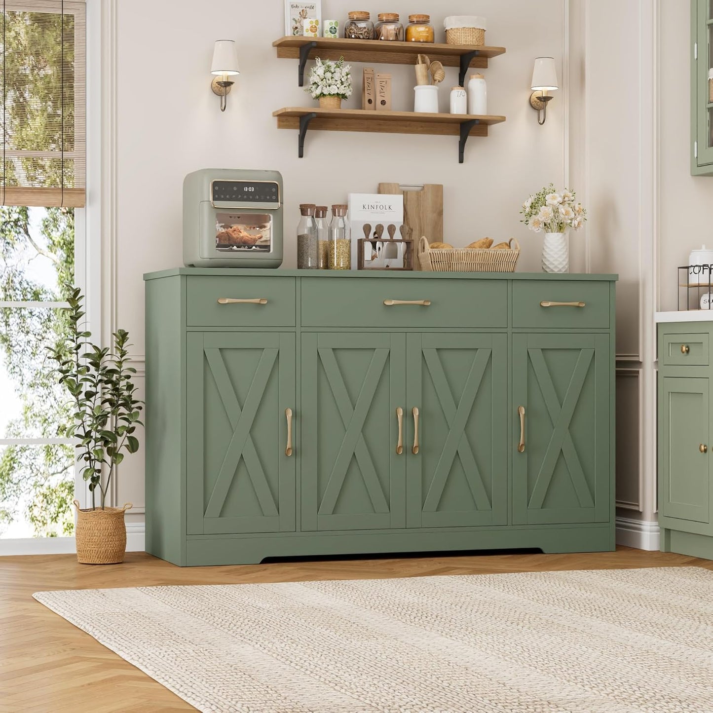 HOSTACK Buffet Sideboard Cabinet with Drawers, 55" Large Buffet Storage Cabinet with Shelves and Doors, Modern Farmhouse Coffee Bar Station for Kitchen, Dining Room, Green