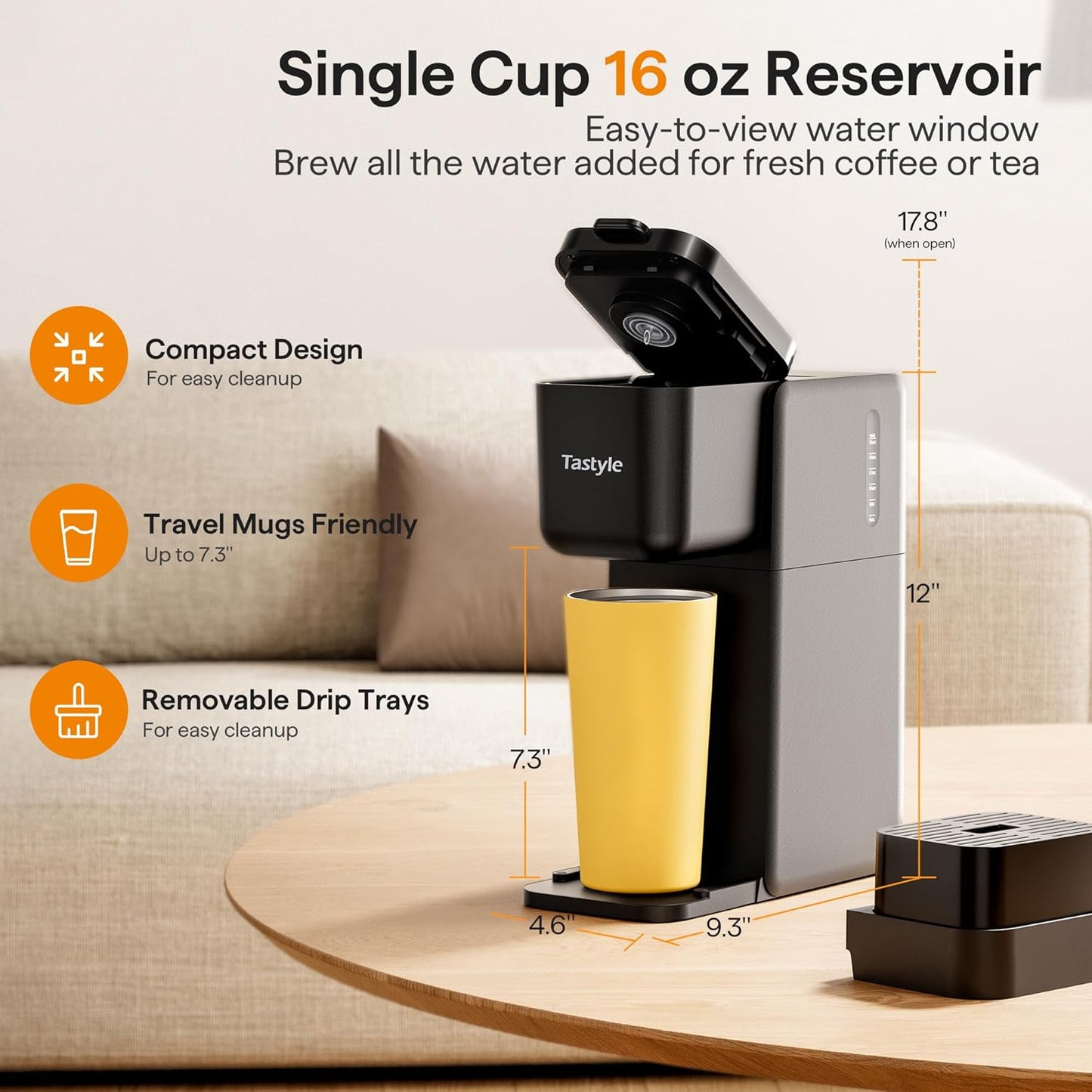 Single Serve Coffee Maker for K Cup, Ground and Tea Leaves, Hot and Iced Coffee Machines with Bold Setting, 6 to 16 Oz Brew Sizes, Compact for Small Spaces, Black (2.0 Version)