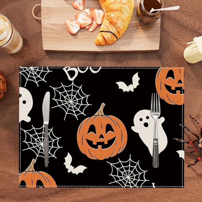 XCHI Boo Spooky Ghost Pumpkin Halloween Placemats Set of 4 Table Mats Table Decorations 12x18 Inch