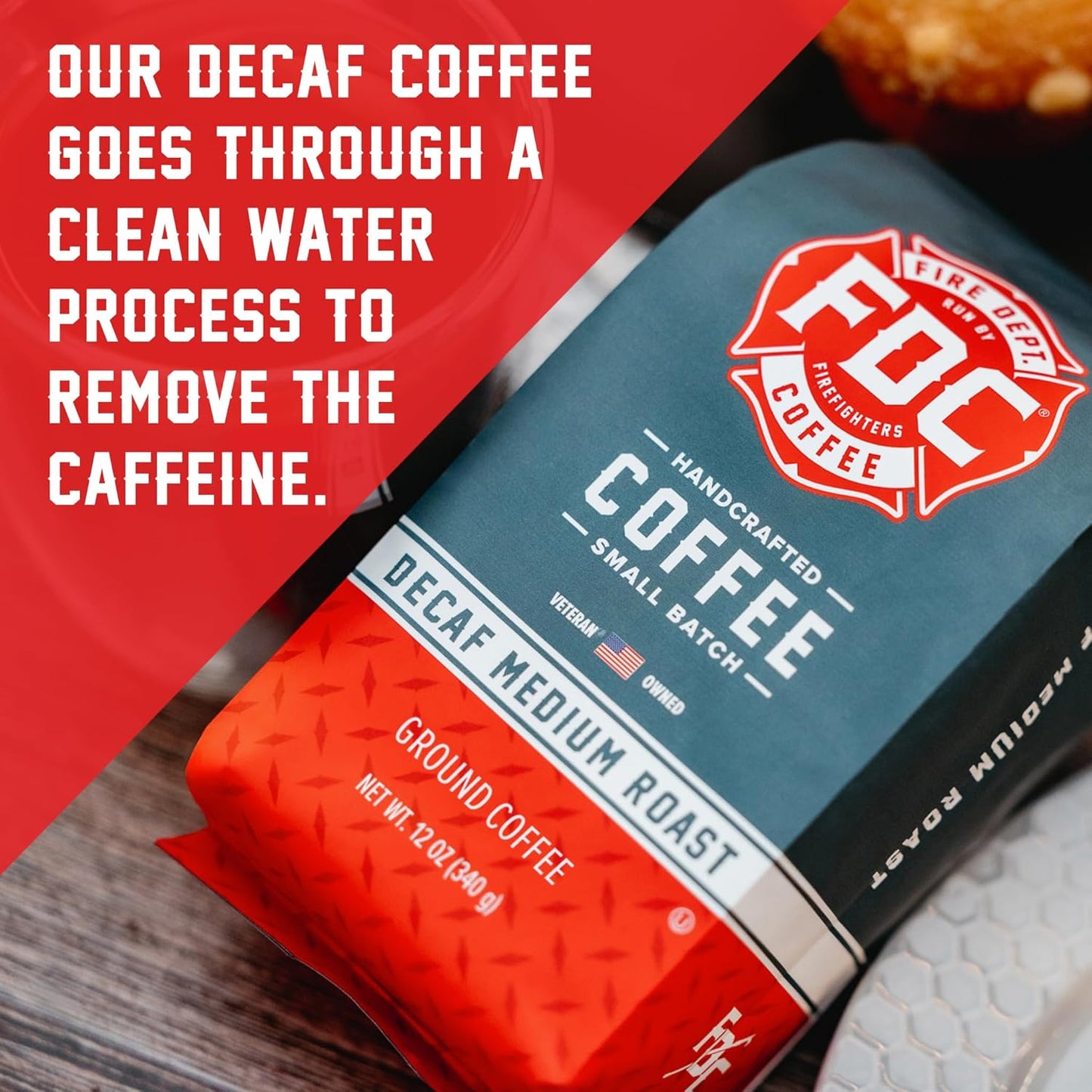 Fire Department Coffee - Gives Back to Firefighters - Premium Decaf Ground Coffee - Roasted in the USA - Decaffeinated Using Natural Mountain Water - Veteran Owned - 12 oz
