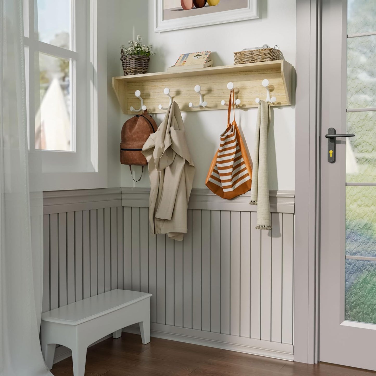 SKOLOO Wall Shelf with Hooks, 24-Inch Coat Rack Wall Mount with Shelf Organizer - Lightweight & Sturdy, 5 Tri Hooks - Perfect for Entryway, Hallway, Living Room, Bedroom, Mudroom, Natural & White