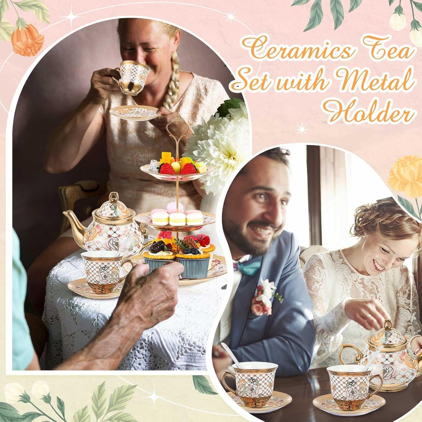 Maxcheck 21 Pcs Tea Party Set for Adults European Floral Tea Set with Metal Holder and 3 Tier Ceramic Cake Stand Porcelain Flower Cup Teapot for Dessert Cupcake(Stylish Style)