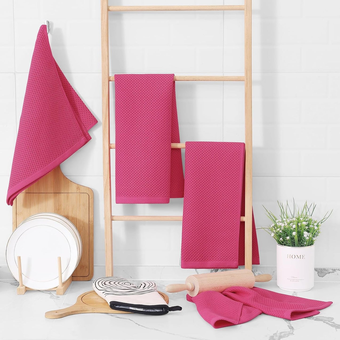 Homaxy 100% Cotton Waffle Weave Kitchen Dish Towels, Ultra Soft Absorbent Quick Drying Cleaning Towel, 13 x 28 Inches, 8-Pack, Hot Pink
