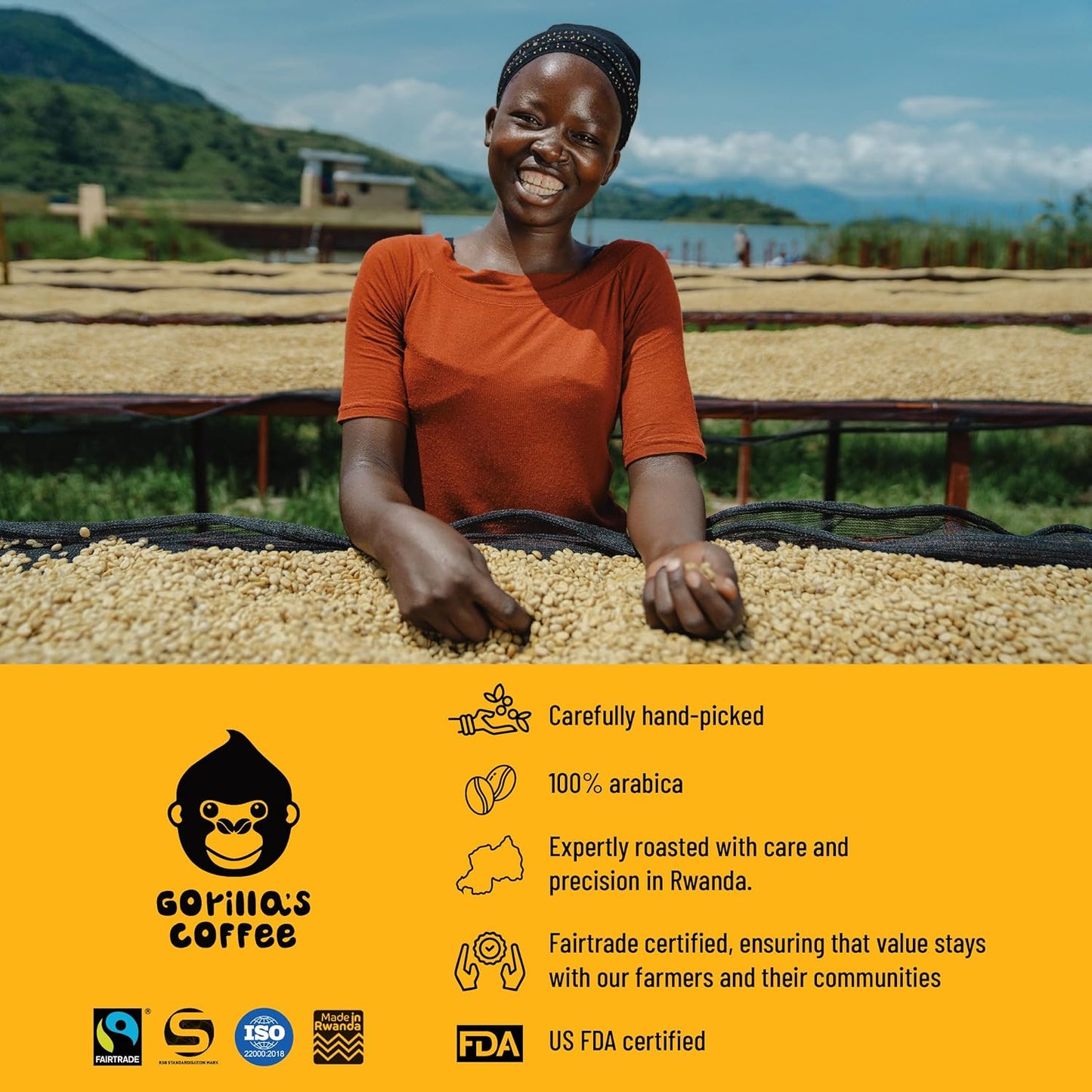 Gorilla's Coffee 100% Arabica - Medium Roast Ground Coffee, Fair Trade, Smooth, Balanced, Aromatic, Spice & Luscious Fruit Notes | Premium Rwandan Coffee | Rich, Flavorful, and Aromatic (500g/17.6oz)