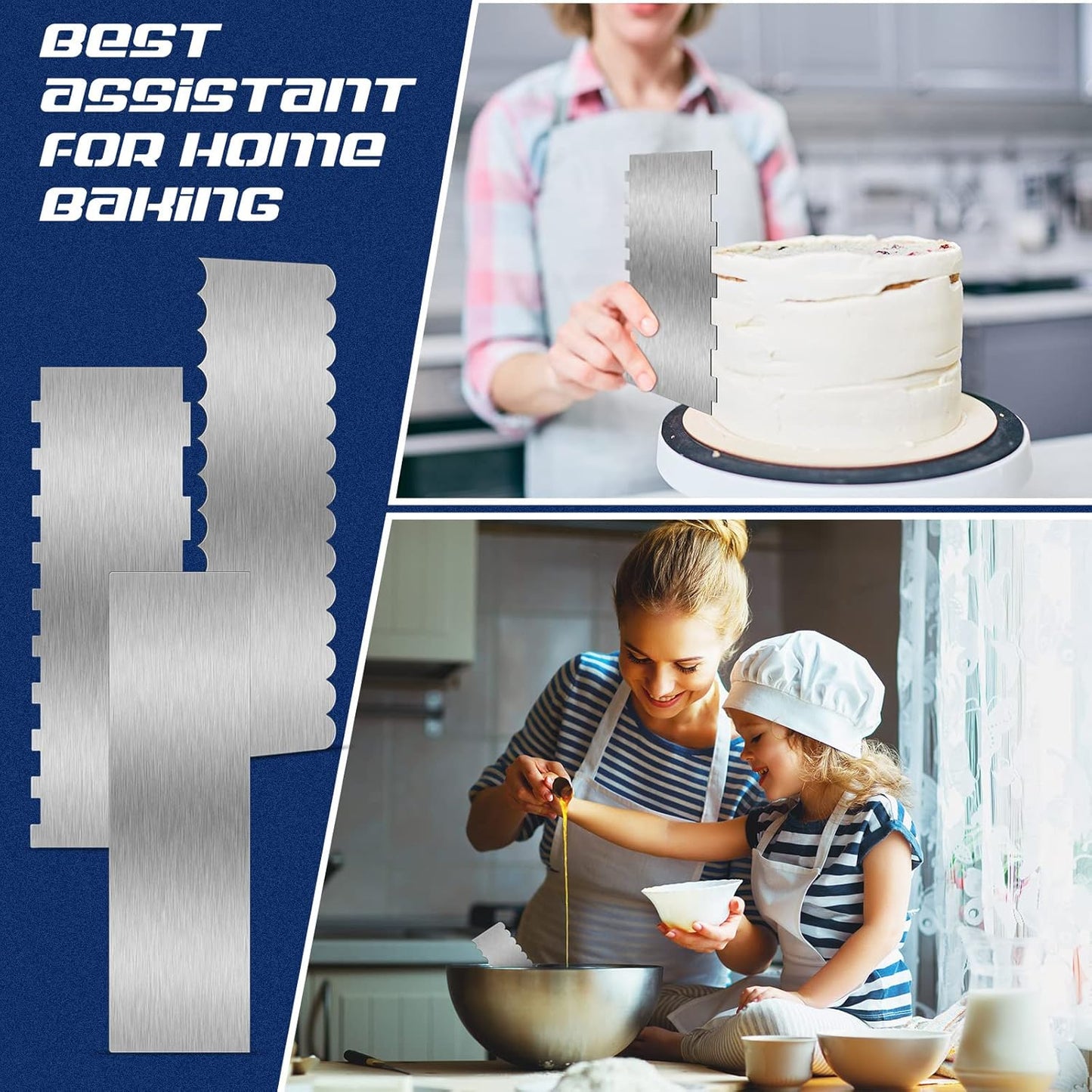 Yinkin 3 Pcs 12 Inch Cake Scraper Smoother Stainless Steel Cake Scraper Metal Large Double Sided Patterned Edge Decorating Comb Icing Smoother for Mousse Butter Cream Dessert Decoration