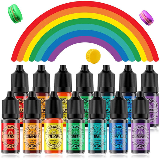 Food Coloring Set for Cake Decorating Rainbow Edible Food Dye for Baking Royal Icing Cookie Supplies Gluten Free 14x12ml Food Grade Liquid Food Color Kit, 0.4 Fl. Oz/Bottles