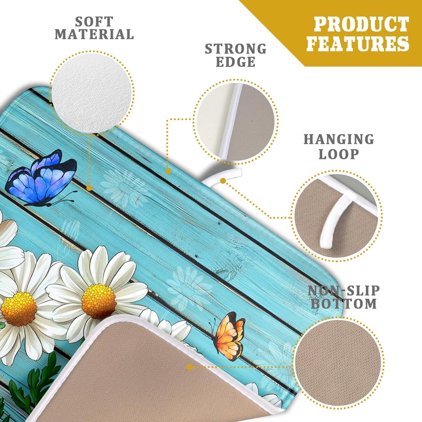 Spring Daisy Floral Dish Drying Mat for Kitchen Counter 16x18in Turquoise Daisy Old Wooden Board Kitchen Mat Absorbent Reversible Microfiber Dishes Pad Fast Drying Dish Drainer Mats for Countertop