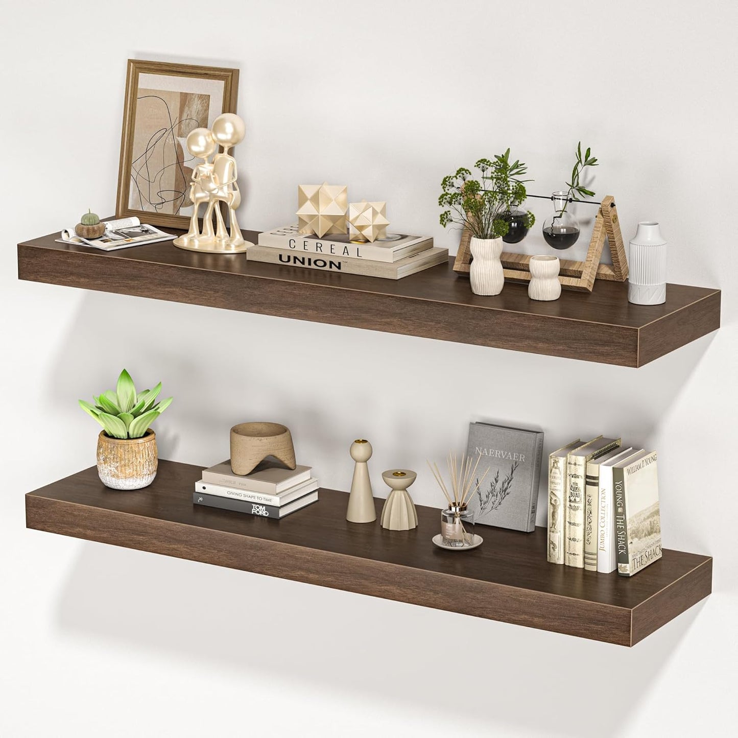 Floating Shelves for Wall, 36" W x 8" D x 1.5" H, Wooden Wall Mounted Display Shelves with Invisible Brackets for Living Room, Bedroom, Bathroom, Kitchen Decor and Storage, Set of 2, Walnut
