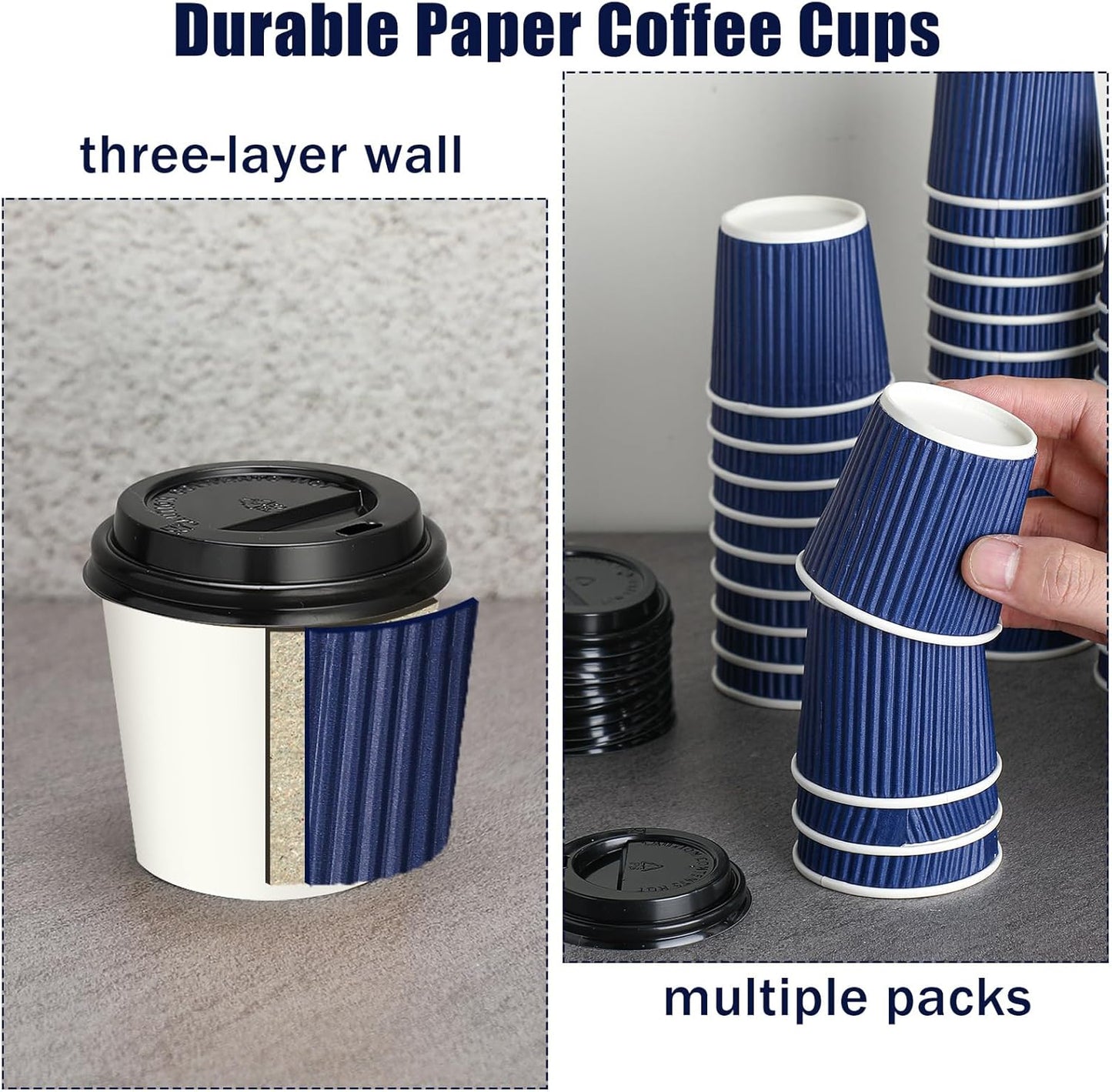 Uiifan 100 Set 4oz Disposable Espresso Cups with Lids Ripple Corrugated Paper Disposable Coffee Insulated Hot Ripple Cups for hot Chocolate, Tea, and Cocoa Drinks(Blue)