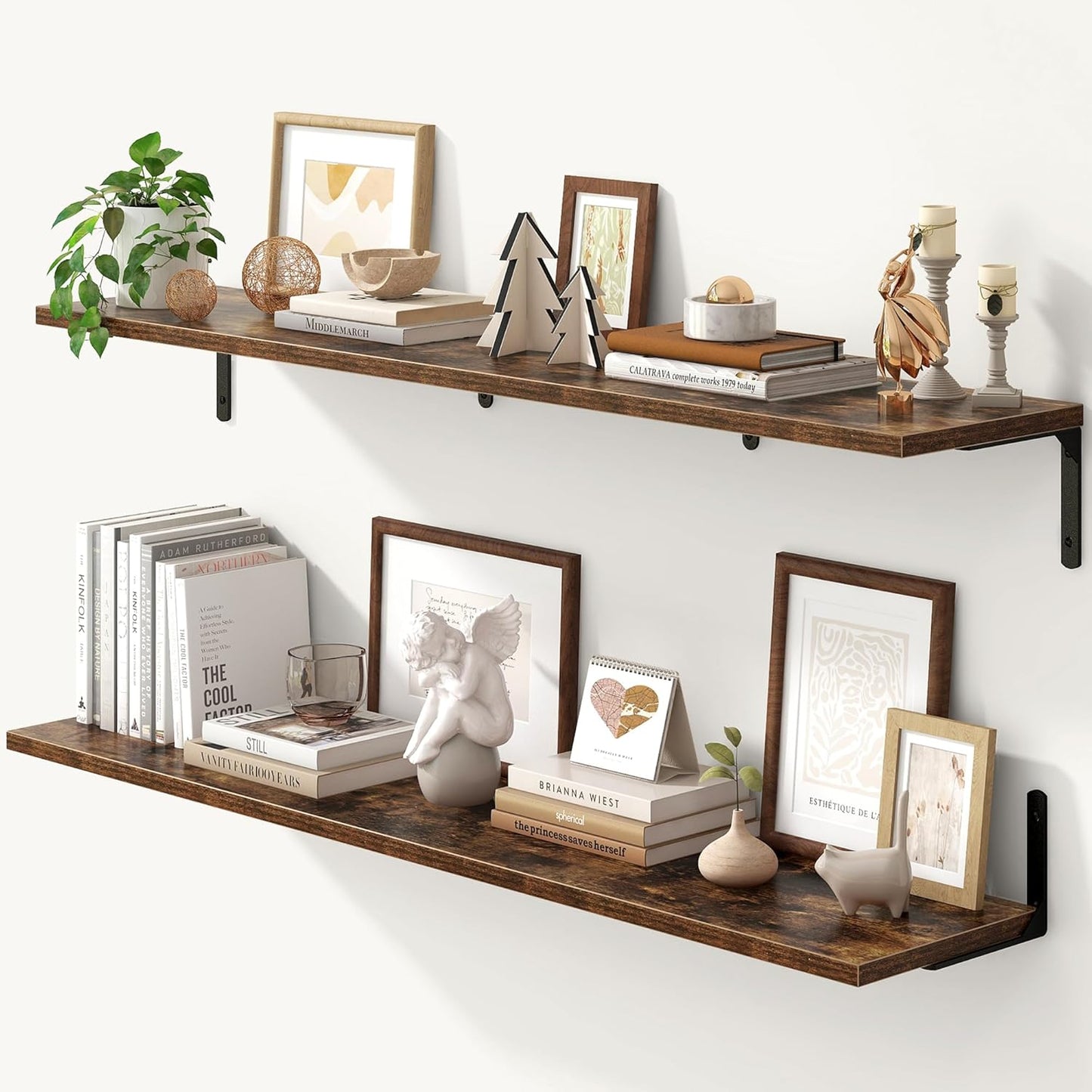 Fun Memories Deep Floating Shelves, 48W x 8D Floating Shelves Set of 2, Wall Mounted Shelf with Metal Brackets, Rustic Wood Wall Shelf for Bathroom, Kitchen and Living Room, Rustic Brown