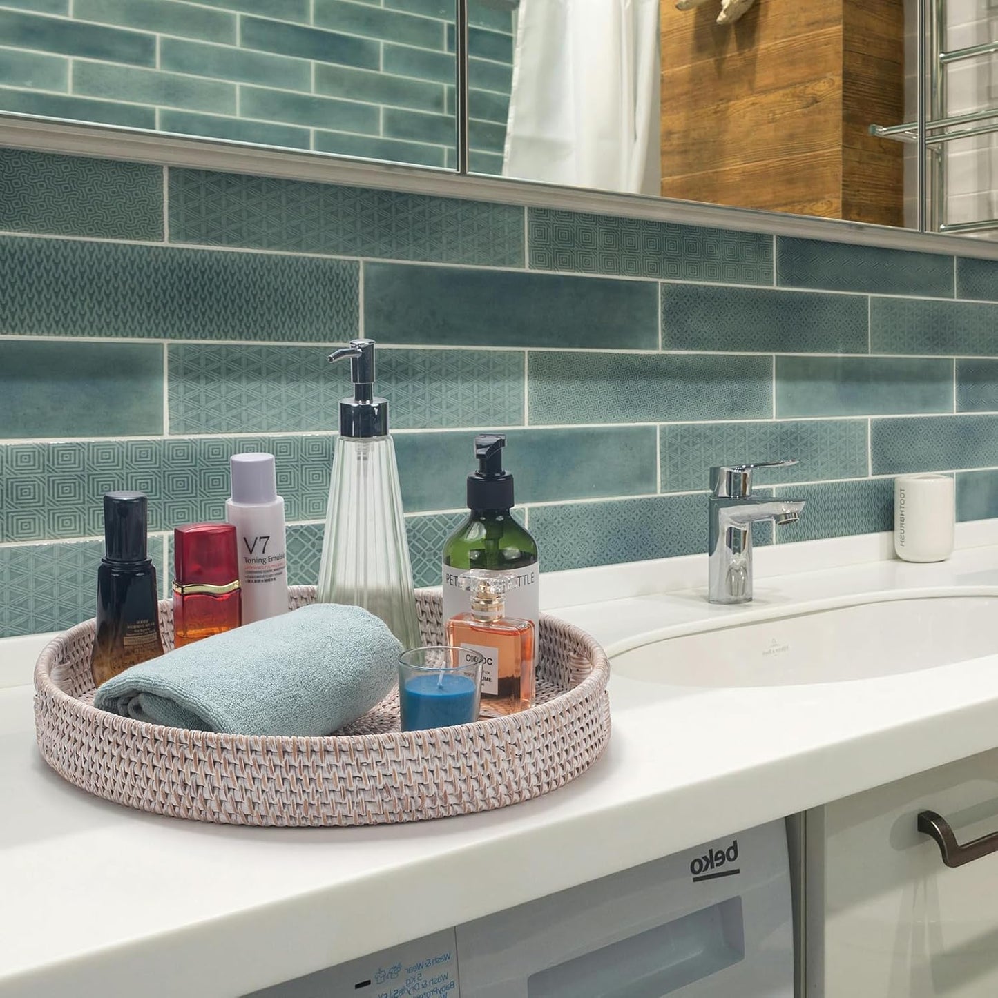 13.8 inch Round Rattan Tray, Decorative Coffee Table Tray, Ottoman Tray, Woven Serving Tray with Handles, Wicker Serving Basket, Whitewash