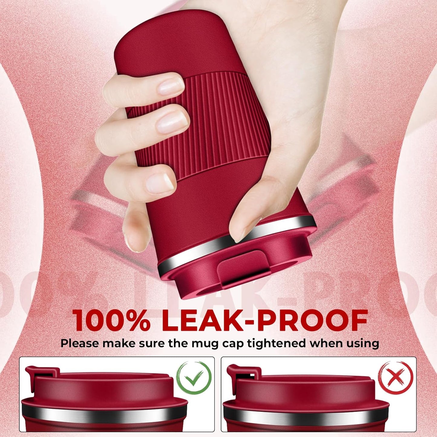 Insulated Coffee Tumbler 12 oz, Stainless Steel Coffee Mug with Lids, Travel Coffee Mug Leak Proof, Double Wall Vacuum Insulated Reusable Iced Coffee Cup, Keep Drinks Hot and Cold (Red, 17 Ounces)