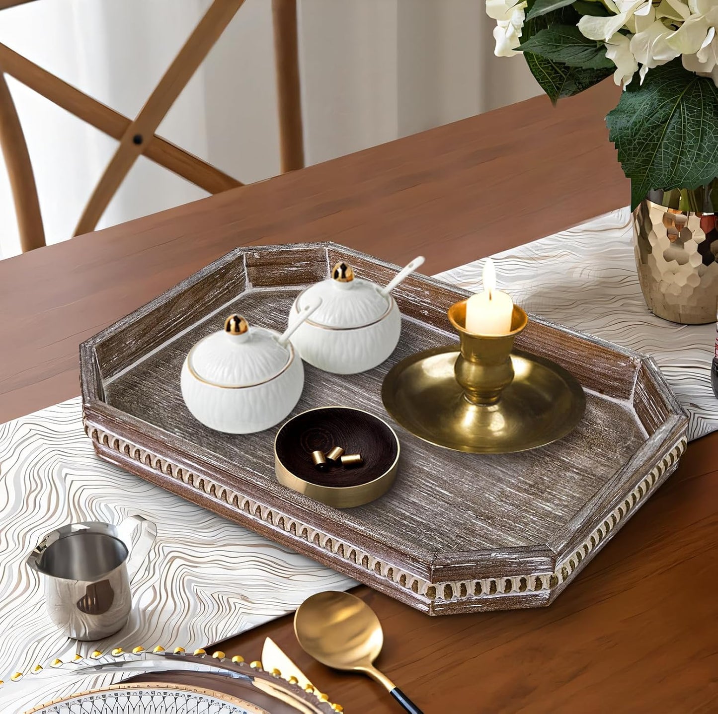 MAONAME Wood Serving Tray, Farmhouse Wooden Tray for Coffee Table, Octagonal Beaded Trays, Vintage Brown Decorative Trays for Living Room, Kitchen, 15.7" X 10.2" X 1.6"