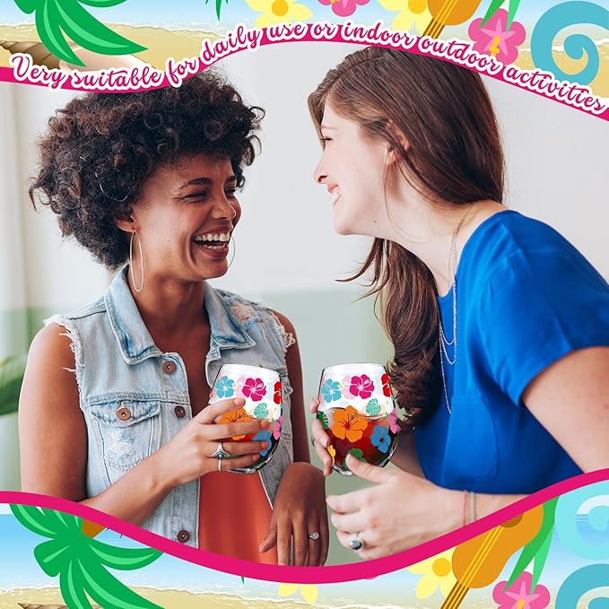 Sliner 2 Pack 17oz Summer Hawaiian Stemless Wine Glasses Aloha Stemless Wine Glass Luau Colorful Flowers Leaves Tumbler Cups for Hawaiian Tiki Party Supplies Birthday Gift