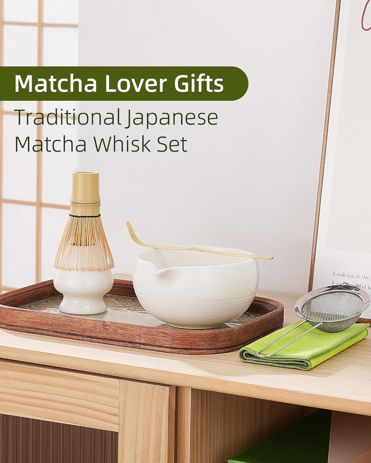 ZENS Matcha Whisk Set, 6pcs Matcha Kit Set Includes Ceramic Bowl and Bamboo Whisk & (Chasen Holder), Sifter, Scoop -Tea Towel, Japanese Chawan with Spout for Lovers, White