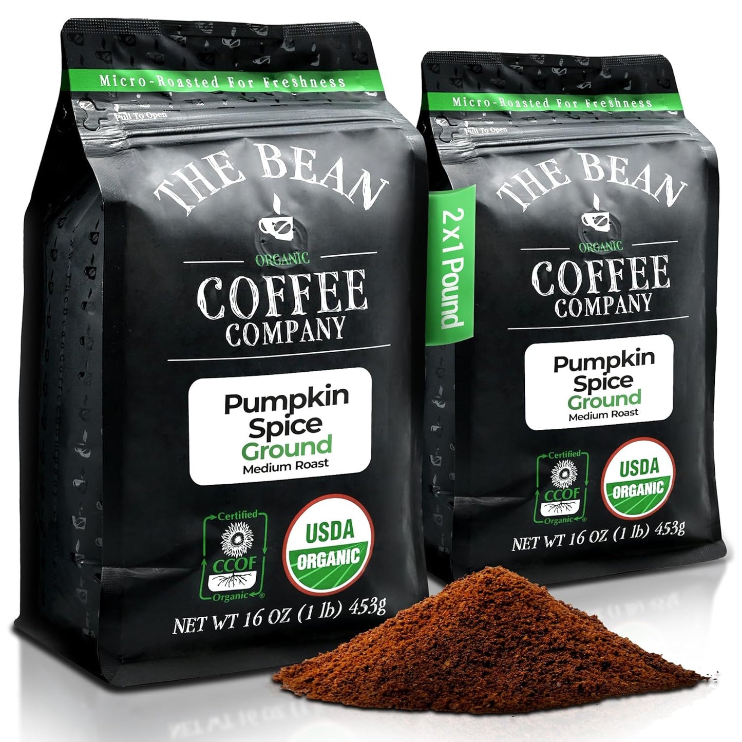 The Bean Organic Coffee Company Pumpkin Spice, Medium Roast, Ground Coffee, 16-Ounce Bags (Pack of 2),Café molido tostado organico