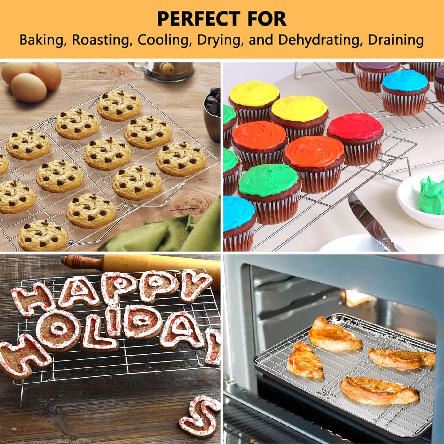 P&P CHEF Cooling Rack Set of 2, 2-Tier Stackable Stainless Steel Wire Racks for Baking Cooking Cooling Roasting, Collapsible & Heavy Duty, Oven Safe & Easy Clean, 15" x 10", Silver