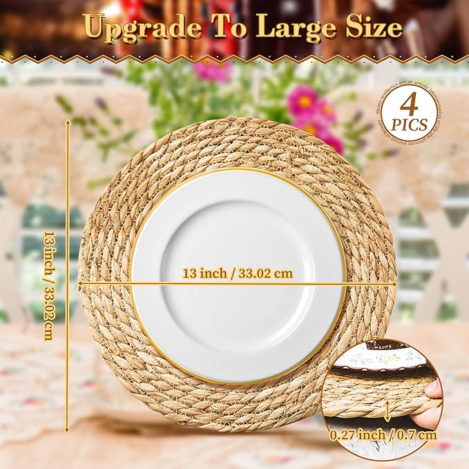 Defined Deco Woven Placemats Set of 4,13" Round Rattan Placemats,Natural Hand-Woven Water Hyacinth Placemats,Farmhouse Weave Place Mats,Rustic Braided Wicker Table Mats for Dining Table,Home,Wedding.