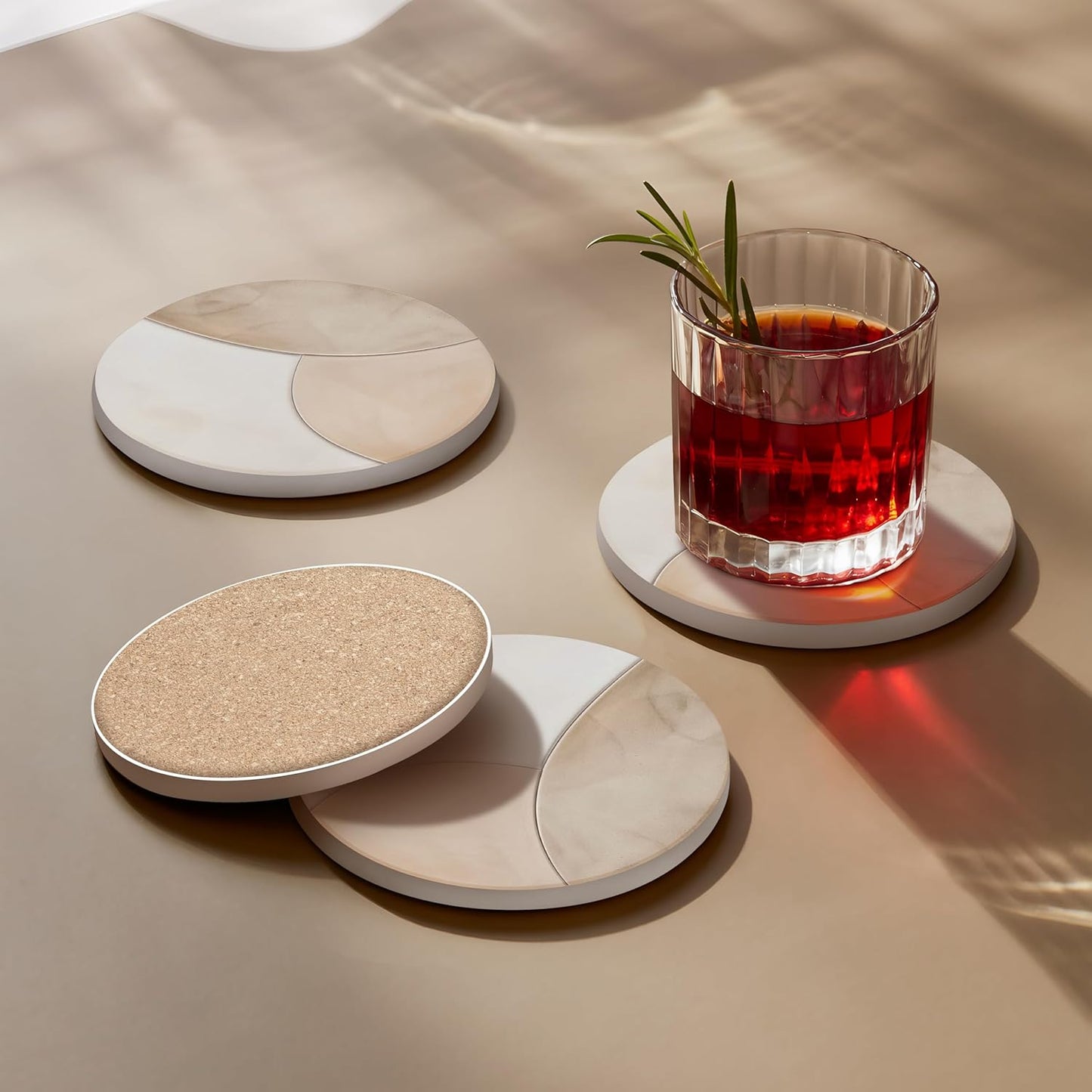 VEYRO Coasters Set of 6 for Drinks – Absorbent Ceramic Stone Drink Coasters with Cork Backing for Coffee Table & Desk, Modern Marble Look Cup Coaster Set, Housewarming Gift for New Home