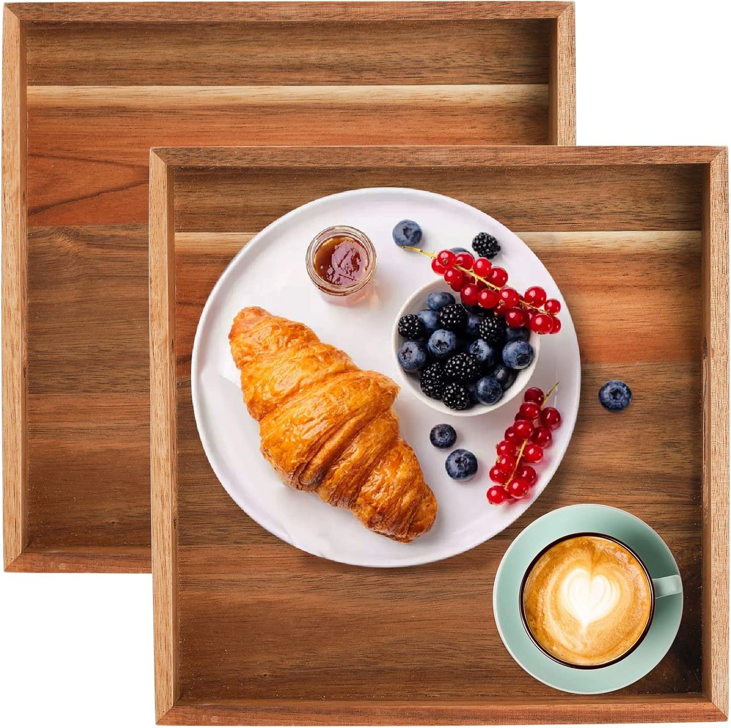 YOUEON Set of 2 Acacia Wood Serving Tray with Handles, 10x10x2 Inch Decorative Serving Trays for Food, Ottoman Tray, Square Coffee Table Trays for Dinner, Coffee, Wine, Appetizer