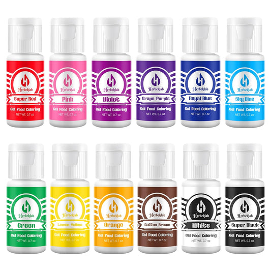 Gel Food Coloring 12 Colors x 0.7 oz Herbeklab Concentrated Gel Based Food Dye Vibrant Icing Colors Neon Food Coloring for Baking Cake Decorating Cookies Fondant