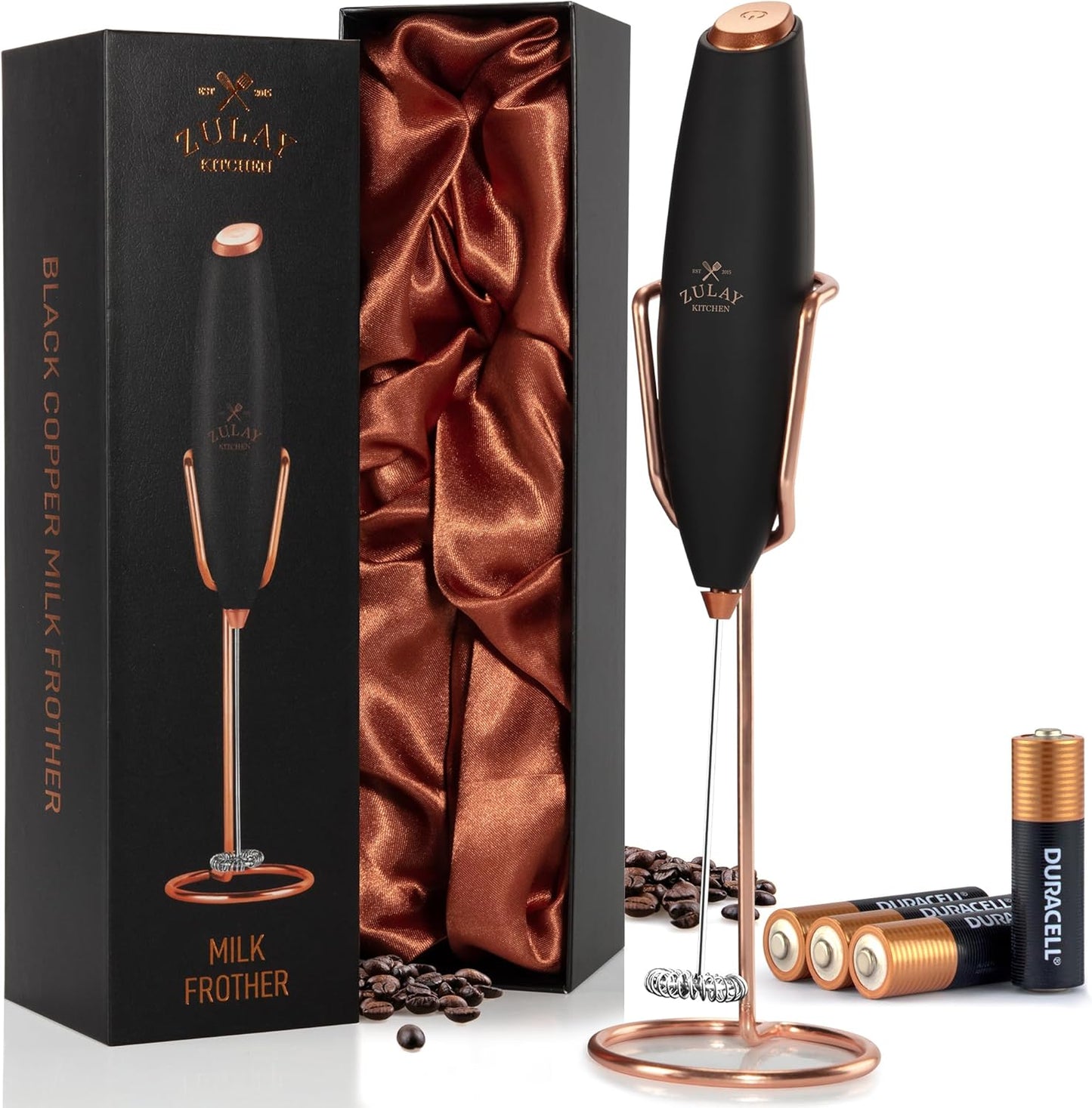 Zulay Kitchen Executive Series Luxury Gift Milk Frother with 4 Duracell Batteries – Handheld Electric Foam Maker for Coffee, Lattes & Hot Chocolate – Deluxe Finish, Ultimate Gift for Coffee Lovers